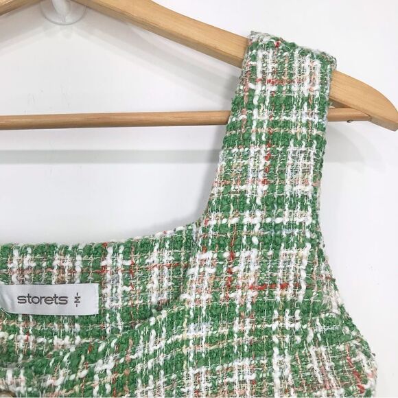 Storets DIANA Green White Plaid Tweed Pearl Button Crop Tank - Picture 4 of 11